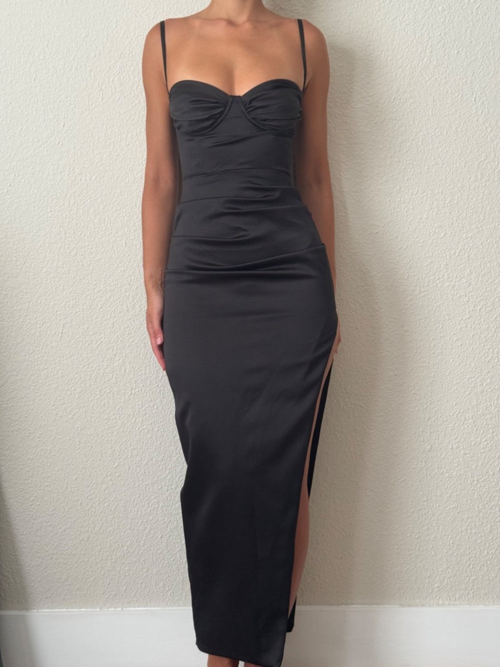 FLORA  Black Satin Pleated Corset Midi Dress
